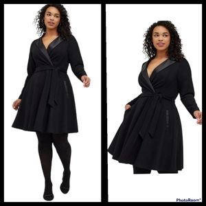24W Torrid Black Tuxedo Skater Dress Long Sleeve Pockets Special Occasion Tie Wa